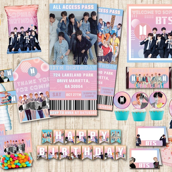 DIGITAL BTS Party Package, K-pop, K-pop birthday, BTS decoration, bts ticket invite, invitation, banner, topper, party kit