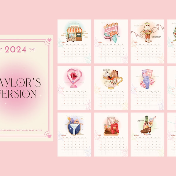 2024 Taylor S inspired calendar, lover girl, illutration calendar, lyrics calendar, Midnights, Red, swiftie gift, folklore, TS