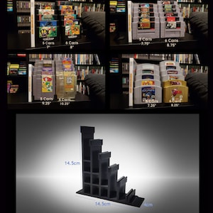 May include: A black plastic video game cartridge holder with five tiers. The holder is 14.5 inches tall and 14.5 inches wide. The bottom tier is 4 inches wide. The holder is designed to hold video game cartridges vertically.