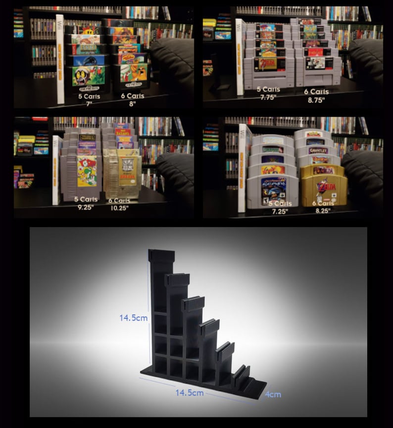 May include: A black plastic video game cartridge holder with five tiers. The holder is 14.5 inches tall and 14.5 inches wide. The bottom tier is 4 inches wide. The holder is designed to hold video game cartridges vertically.