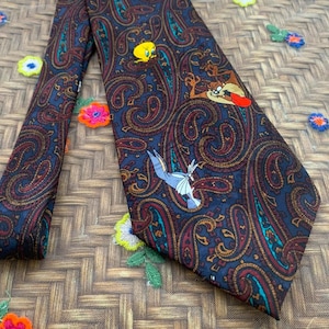 Retro Cartoon Characters & Paisley Pattern Vintage Necktie - Statement Piece Accessory - Retro Fashion Accessories - Vintage Neckties