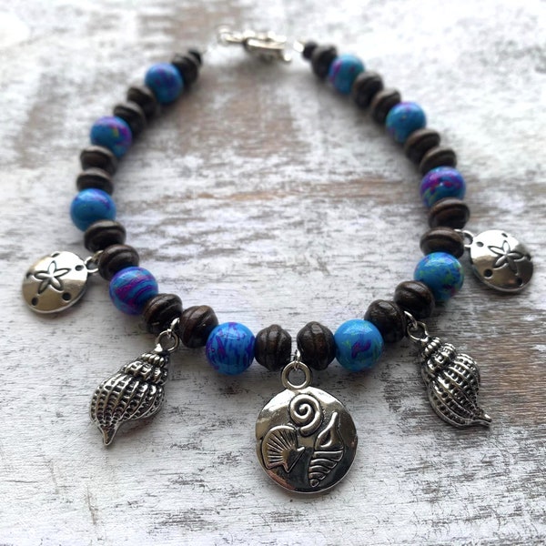 Azure Tides - Seashell & Sand Dollar Charm Bracelet - Mermaid Inspired Bracelet - Mermaidcore Jewelry - Seashell Charm Bracelet