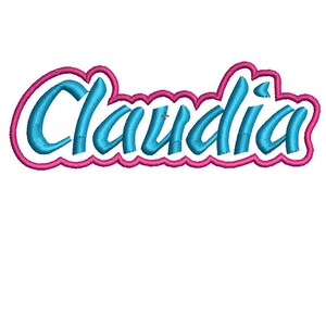 May include: A blue and pink embroidered name patch with the name "Claudia" in a cursive font.
