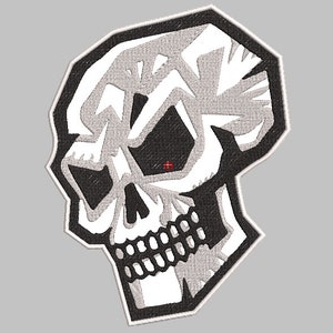 May include: Black and white embroidered skull patch with a detailed design. The skull is facing to the right and has a large, open mouth with teeth.