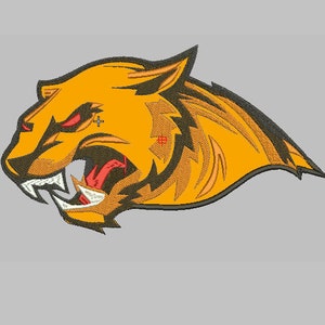 以下が含まれることがあります： 鋭い歯と赤い目をした、オレンジと黒の刺繍された虎の頭。虎の頭は左を向いており、スタイリッシュなデザインになっています。