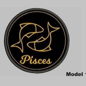 May include: Black and gold embroidered patch with the Pisces zodiac symbol and the word "Pisces" in gold lettering.