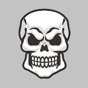 May include: A white skull with black eyes and teeth, embroidered on a fabric patch.