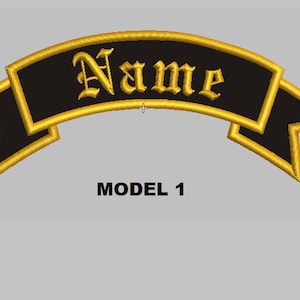 May include: Black and gold embroidered patch with a banner that says "Name" in a gothic font. The patch is labeled "MODEL 1".
