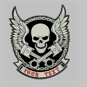 May include: Black and white embroidered patch with a skull, crossed pistons, and wings. The patch has a chain border and a banner that says "YOUR TEXT" in red.