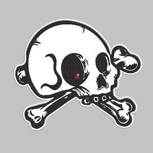 May include: Black and white illustration of a skull and crossbones. The skull has a single eye and a large, toothy grin.
