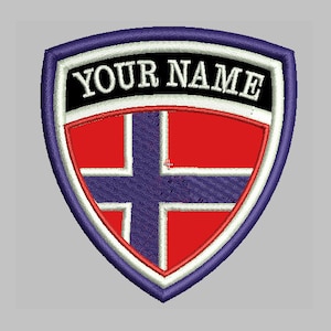 May include: A blue, white, and red embroidered patch with the Norwegian flag in the center. The text "YOUR NAME" is above the flag.