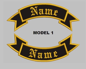 Curve custom EMBROIDERED NAME TAG Iron on patch Ribon Badge 5 3/4 x 2 1/4 inches two ptaches