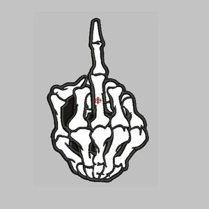 Puede incluir: Una mano de esqueleto en blanco y negro haciendo el dedo medio. La mano está delineada en negro y los huesos son blancos.