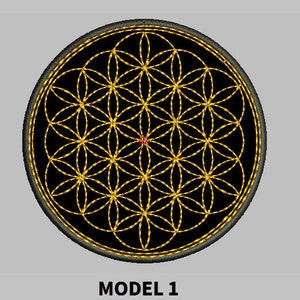 May include: A black and gold embroidered patch featuring the Flower of Life pattern. The patch is circular and has a black border.