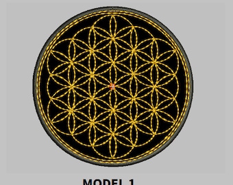 May include: A black and gold embroidered patch featuring the Flower of Life pattern. The patch is circular and has a black border.