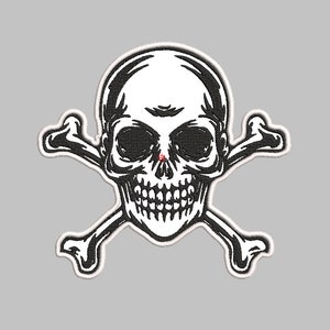 May include: Black and white embroidered skull and crossbones patch. The skull has a detailed design with a toothy grin.