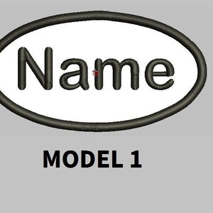 Op de afbeelding: Een witte ovaal met een zwarte omtrek en het woord "Name" in zwarte tekst. De ovaal is op een grijze achtergrond met de tekst "MODEL 1" eronder.