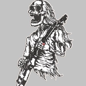 May include: Black and white illustration of a skeleton playing a guitar. The skeleton is wearing a tattered shirt and has long hair. The guitar is held in a classic rock and roll pose.