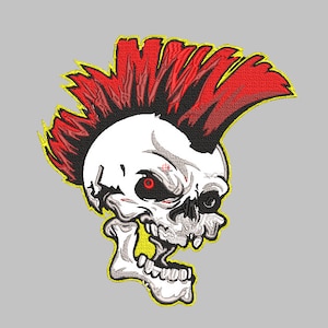 May include: A red and black punk rock skull with a mohawk. The skull has a white face with a red eye and a black outline.