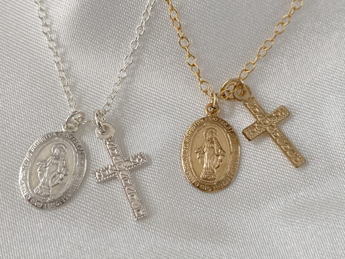 Dainty Gold Cross Virgin Mary Necklace Silver Minimalist | Etsy