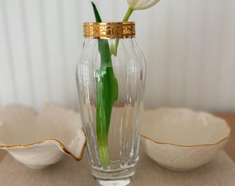 Vintage Lenox Gold Trimmed Glass Bud Vase – Gold Trimmed Leaf Pattern Bowl – Gold Trimmed Dove Trinket Dish –  Made in USA – Sold Separately