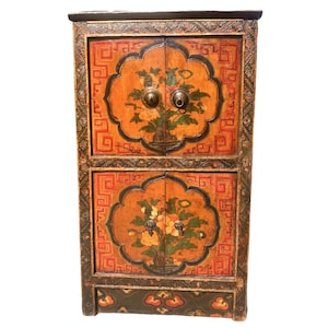 Antique Tibetan Flower Cabinet  Hand-Painted Asian Furniture with Floral Motif , Asian furniture
