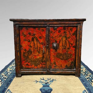 Antique Tibetan Cabinet with Hand painted Bodhistattva Figures. Early 20th Century Buddhist Altar . Tibetan Sacred Art Furin