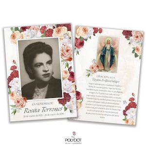 May include: A memorial card with a floral border and a photo of a woman. The text reads "En memoria de Rosita Terrones 28 de marzo de 1925 - 26 de enero de 2015".