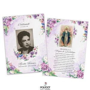 May include: Two memorial cards with floral borders. One card features a black and white photo and the text "Celebrando La Vida De Rosita Ferrenes 28 de marzo 1925 - 26 de enero 2015." The other card has an image of the Virgin Mary and text.