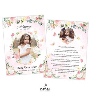 May include: A pink and white floral memorial card with a photo of a young girl. The card reads "Celebrating the Life of Nora Rose Carter June 29, 2019 July 03, 2022". The back of the card has a poem about waiting in heaven.