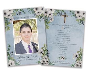 PRINTABLE | Rustic White Floral Anemone Masculine Memorial Prayer Card| DIGITAL FILE