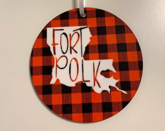 Fort Polk LA Ornament, Buffalo Plaid Military Keepsake