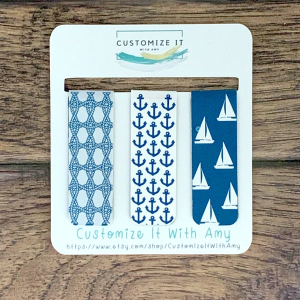 Nautical themed magnetic bookmarks: set of three, including anchors, sailboats, and nautical rope.