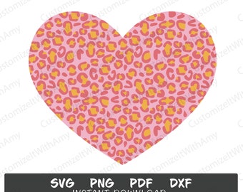 Pink and yellow leopard print heart digital design: svg, png, pdf, and dxf files included.