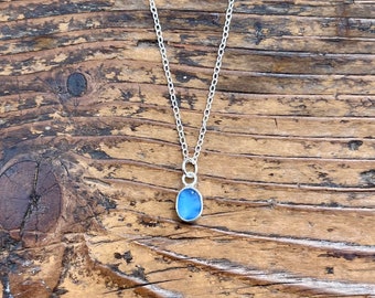Cornflower Blue Cornish Sea Glass Necklace Handmade In Cornwall Using Genuine Sea Glass and Recycled Silver.