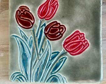 4x4 Tulip Flower Art Tile, Handmade Ceramic Art Tile, Michigan Tile, Kitchen Tile, Backsplash, Spring Flower