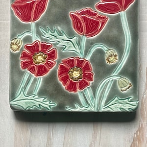 5x5 POPPY  Flower Art Tile, Handmade Ceramic Art Tile , Michigan Tile, Kitchen Tile, Backsplash