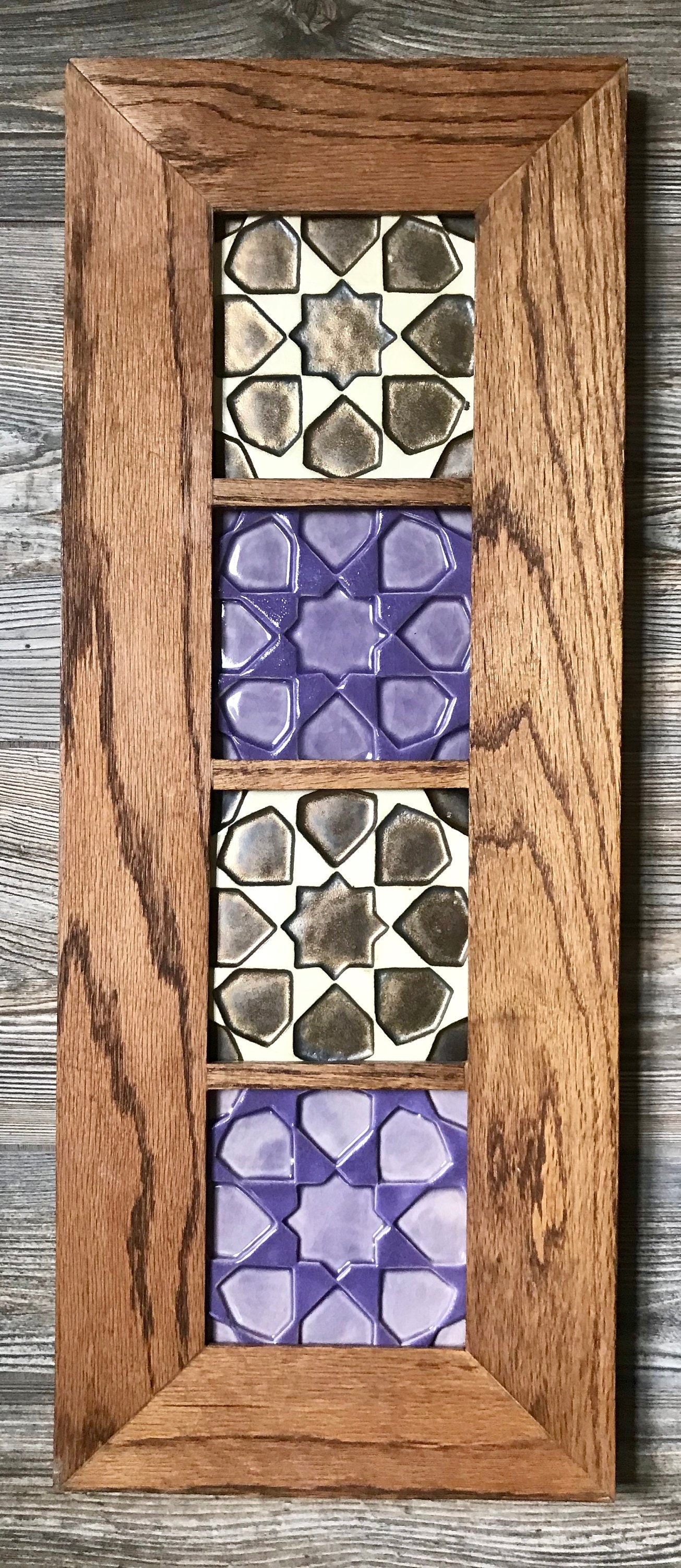 4 Framed Ceramic Moroccan 5x5 Art Tile Oak Frame Cedar Kids 50