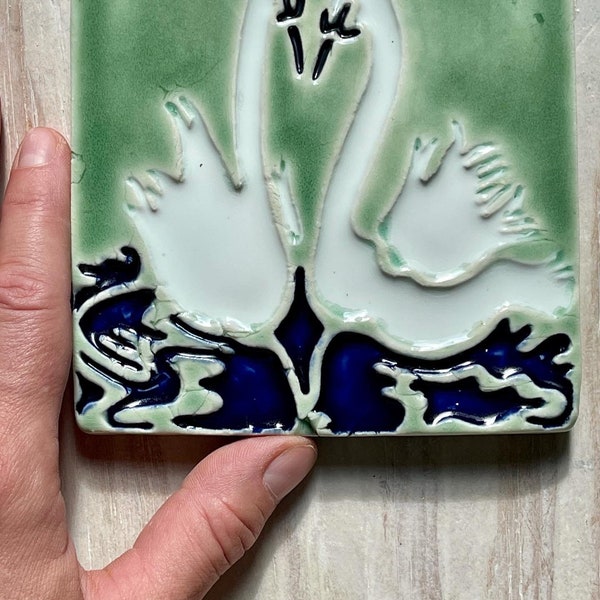 Ceramic Bird Swan Art Tile 5x5, Swan Pair, Couple, Love, White, Green, Blue, Wedding, Baby, Kids Room, Nature Wall Decor, Kiss