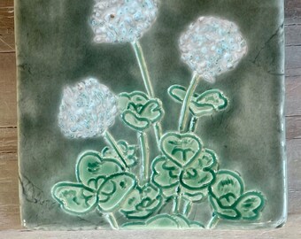 4x4 Clover Flower Art Tile, Handmade Ceramic Art Tile , Michigan Tile, Kitchen Tile, Backsplash