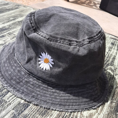 Black Daisy Flower Bucket Hat Denim 