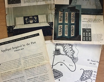 Vintage 1947 Woman’s Day magazine Appliqué inspired by the Past sewing embroidery pattern instructions unused original magazine pouch pages