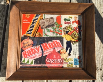 Vintage MCM 1950’s Christmas candy decoupaged large collage picture