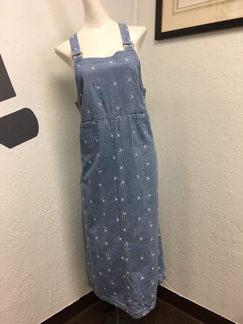 floral embroidered denim overall dress