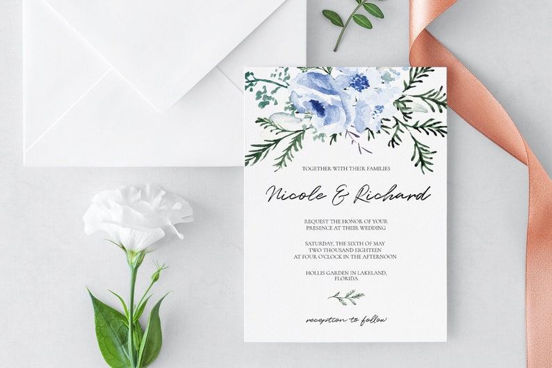 Dusty Blue Printable Wedding Invitation 5x7in Digital | Etsy