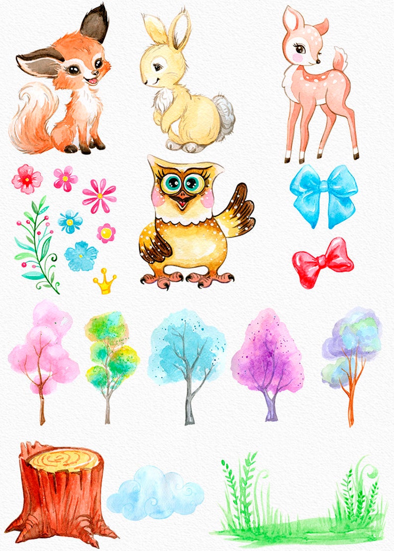 flowers nature Free Commercial License. cute characters forest Little Watercolor animals clipart friends nursery art woodland kids
