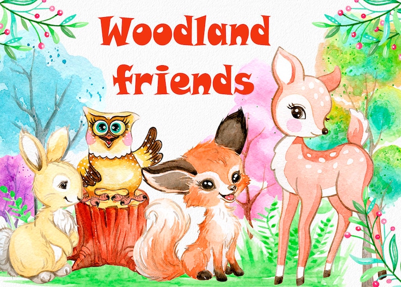 flowers nature Free Commercial License. cute characters forest Little Watercolor animals clipart friends nursery art woodland kids