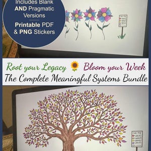 Puede incluir: Un paquete de descarga digital con dos ilustraciones. La imagen superior muestra flores coloridas con el texto "My Weekly Blooms". La imagen inferior muestra un árbol con el texto "My Tree of Tiny Wins". Incluye pegatinas PDF y PNG imprimibles.