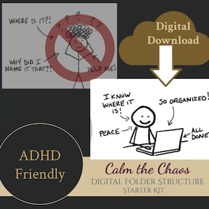 May include: An image with the text "Digital Download" and "ADHD Friendly". The image includes cartoon drawings of a person with a confused expression and a person working on a laptop. The text "Calm the Chaos" is also present.
