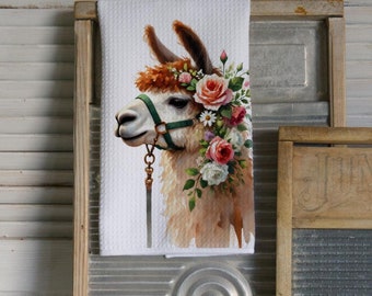 Farmhouse Llama Waffle Tea Towel: Floral Kitchen Decor
